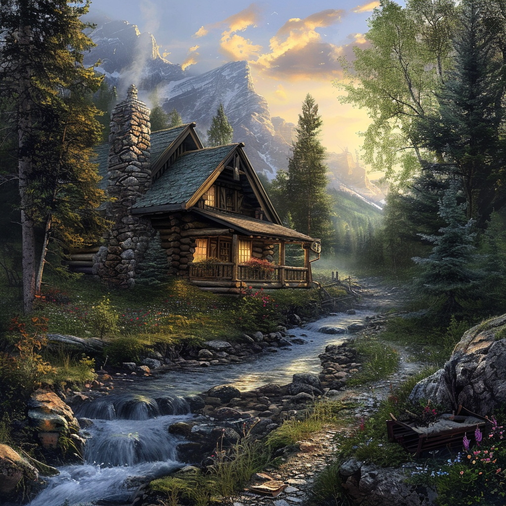 Fantasy stream log cabin with front porch