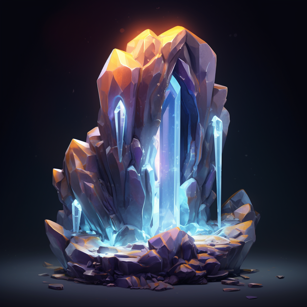 Fantasy cave with glowing crystals and waterfall