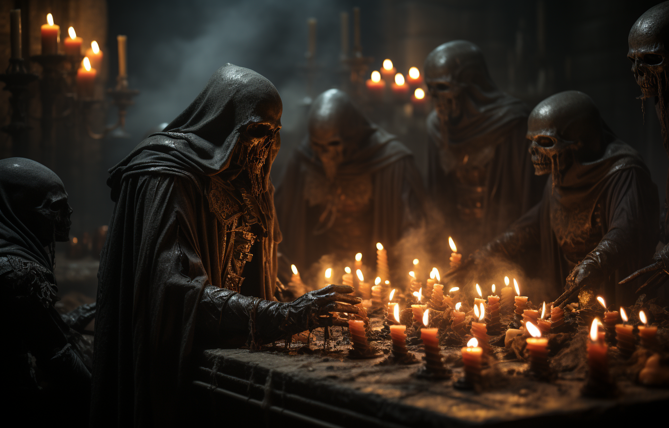 Group of robed and hooded men performing summoning ritual