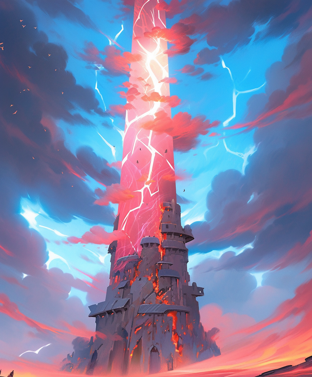 Fantasy Tesla Tower in Orange Lightning