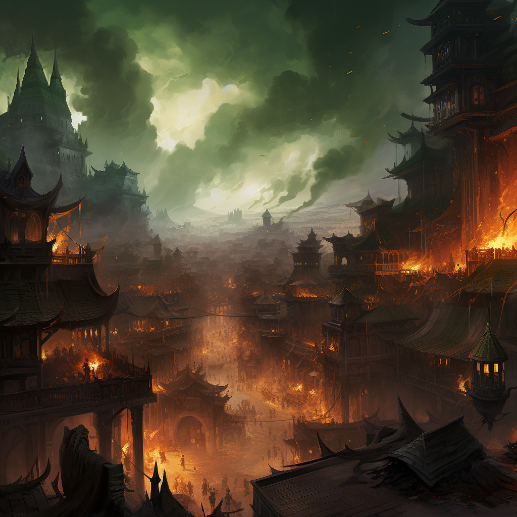 Burning town with pillars and green soul slivers