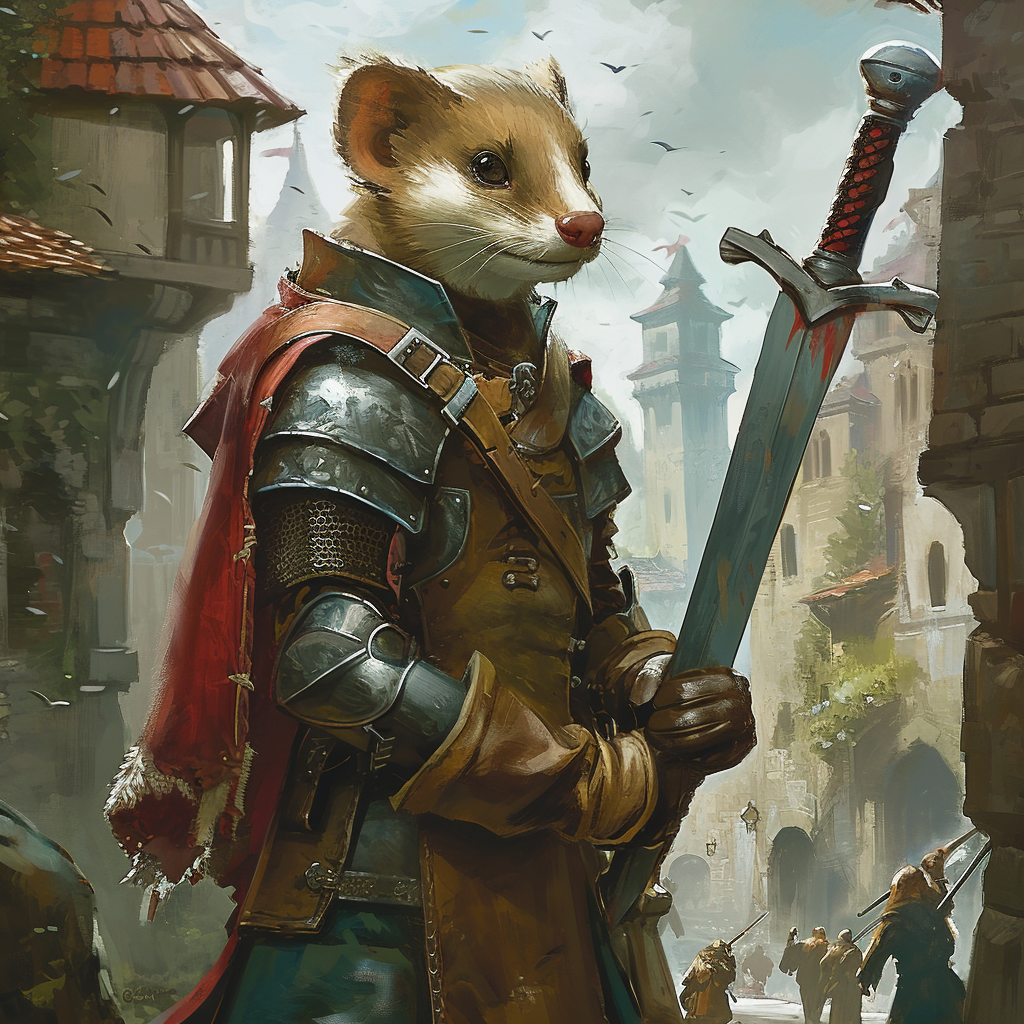 Weasel in Medieval Armor Defending Town