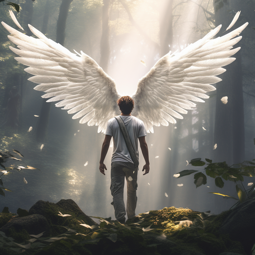 Fantasy young man with spread white wings