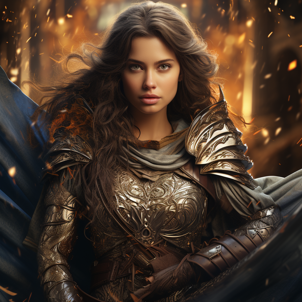 Dark-haired warrior queen holding a sword and shield