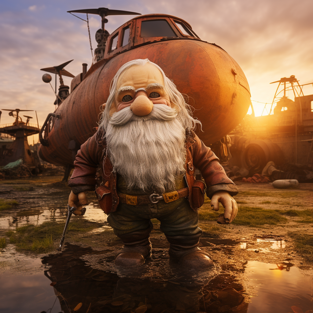 Gnome pulling muddy airship at sunset