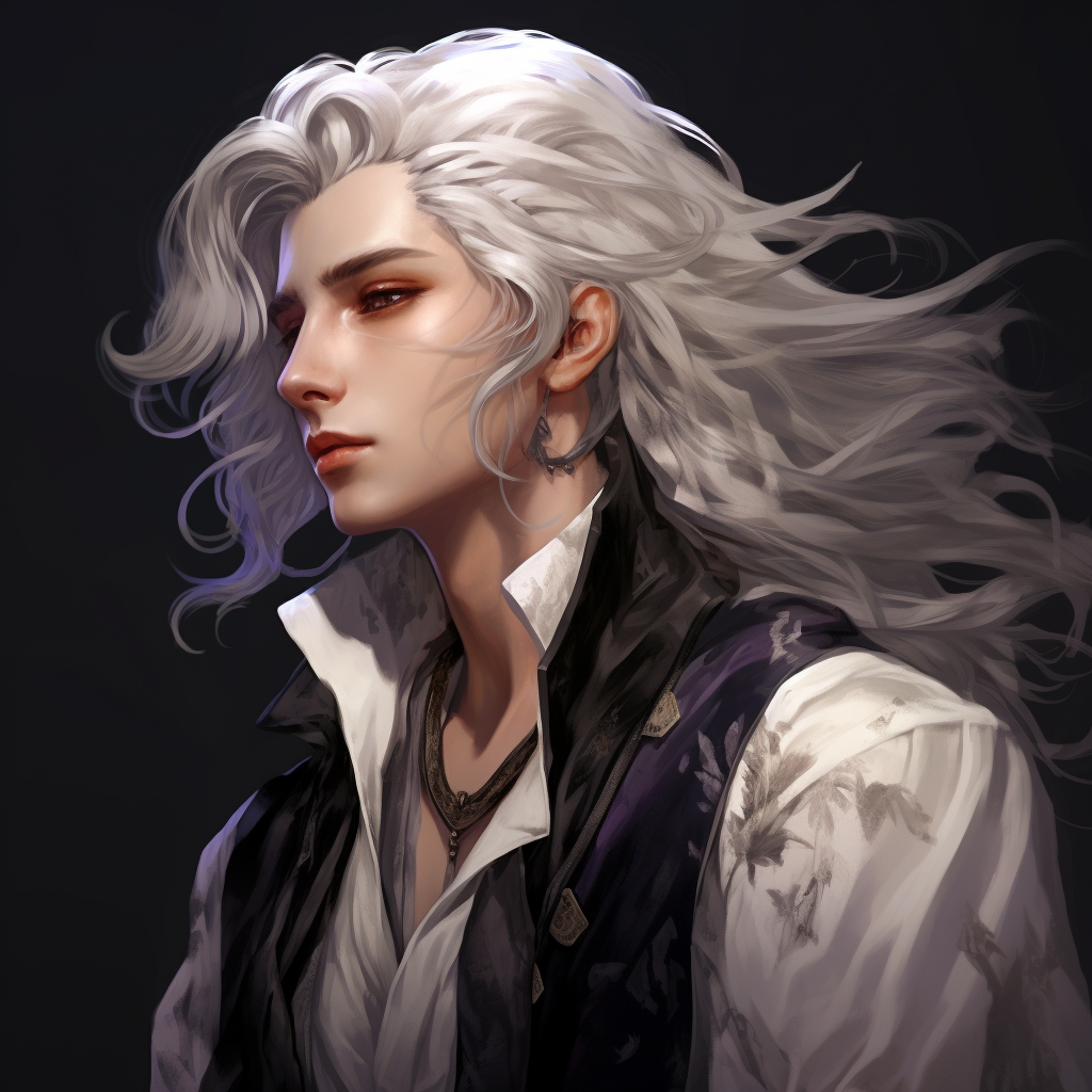 Androgynous man with long white hair in profile