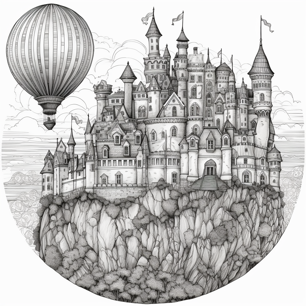 Fantasy Balloon Castle Coloring Book Style