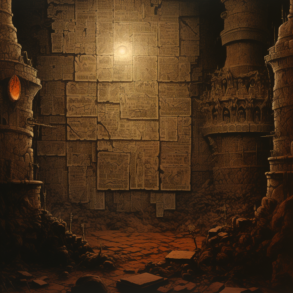 Dark fantasy book cover with wall inscriptions