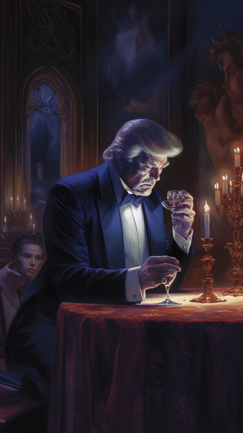 Donald Trump in vampire attire drinking wine