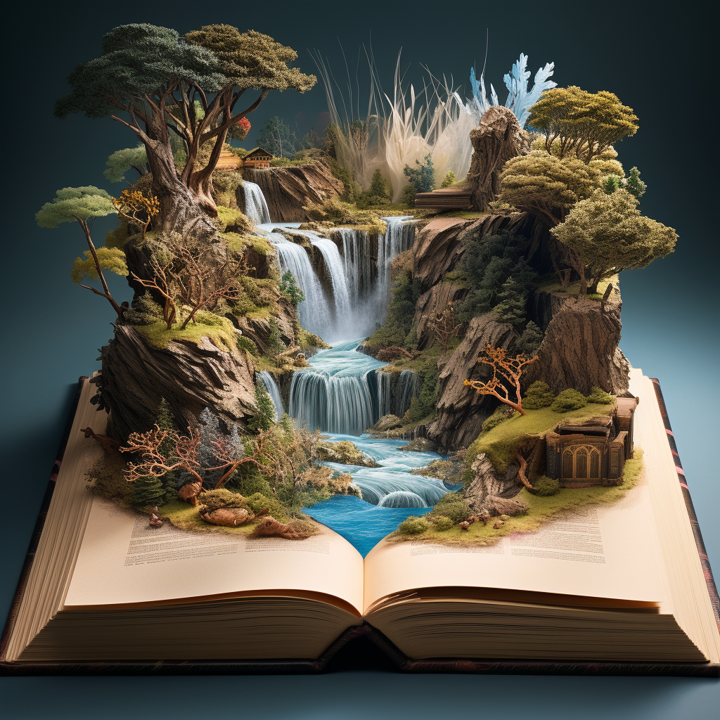 A stunning fantasy landscape in an open book