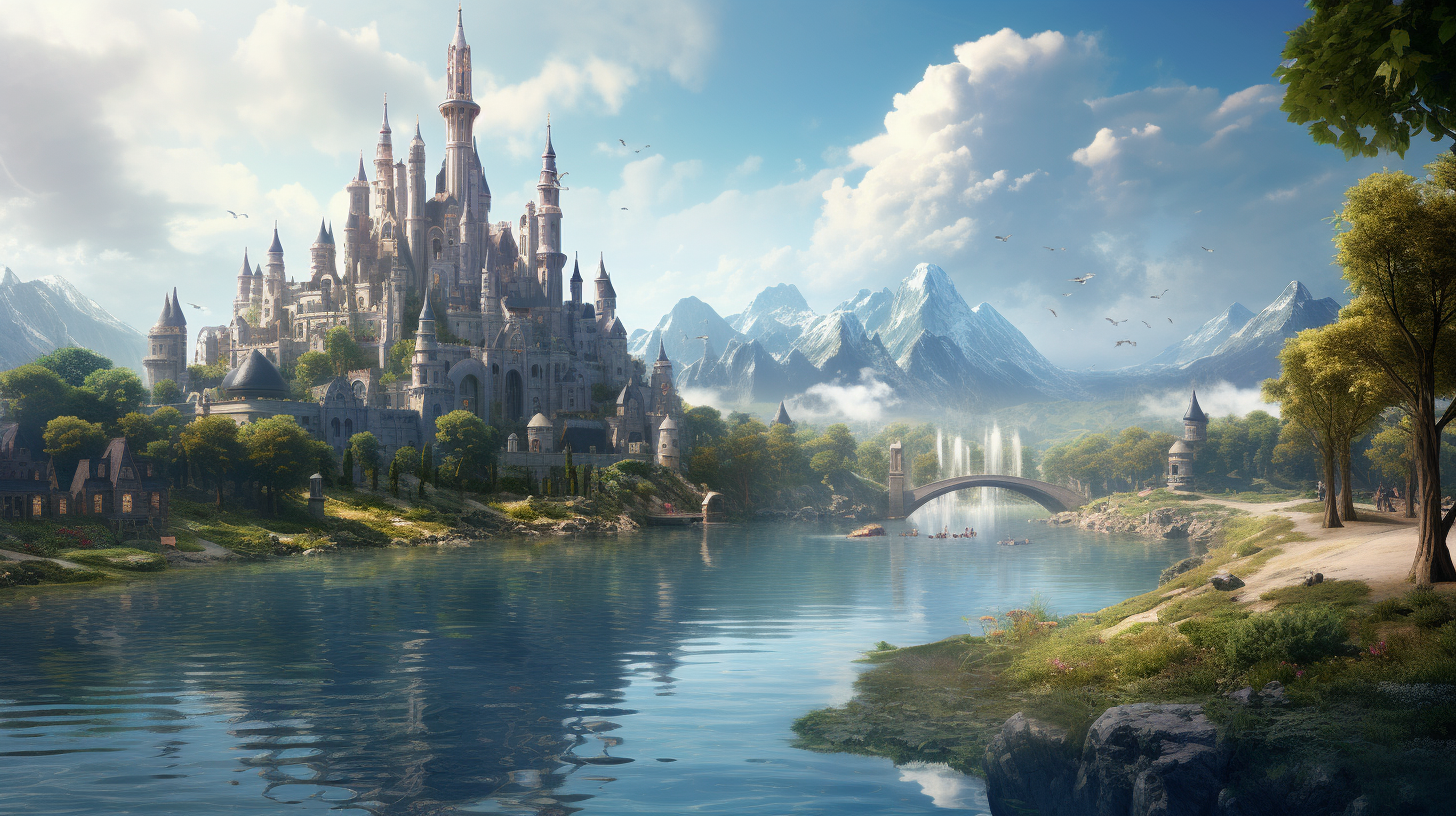 A captivating fantasy city near a serene lake