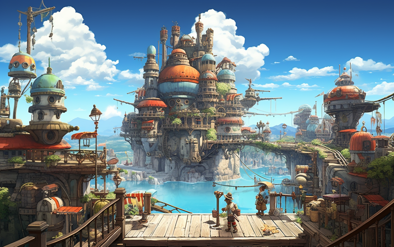 Picturesque fantasy coastal city artwork