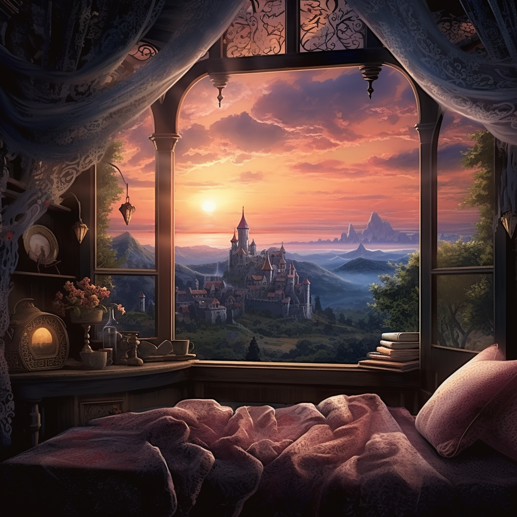 Softly colored fantasy dawn scenery with machine decoration