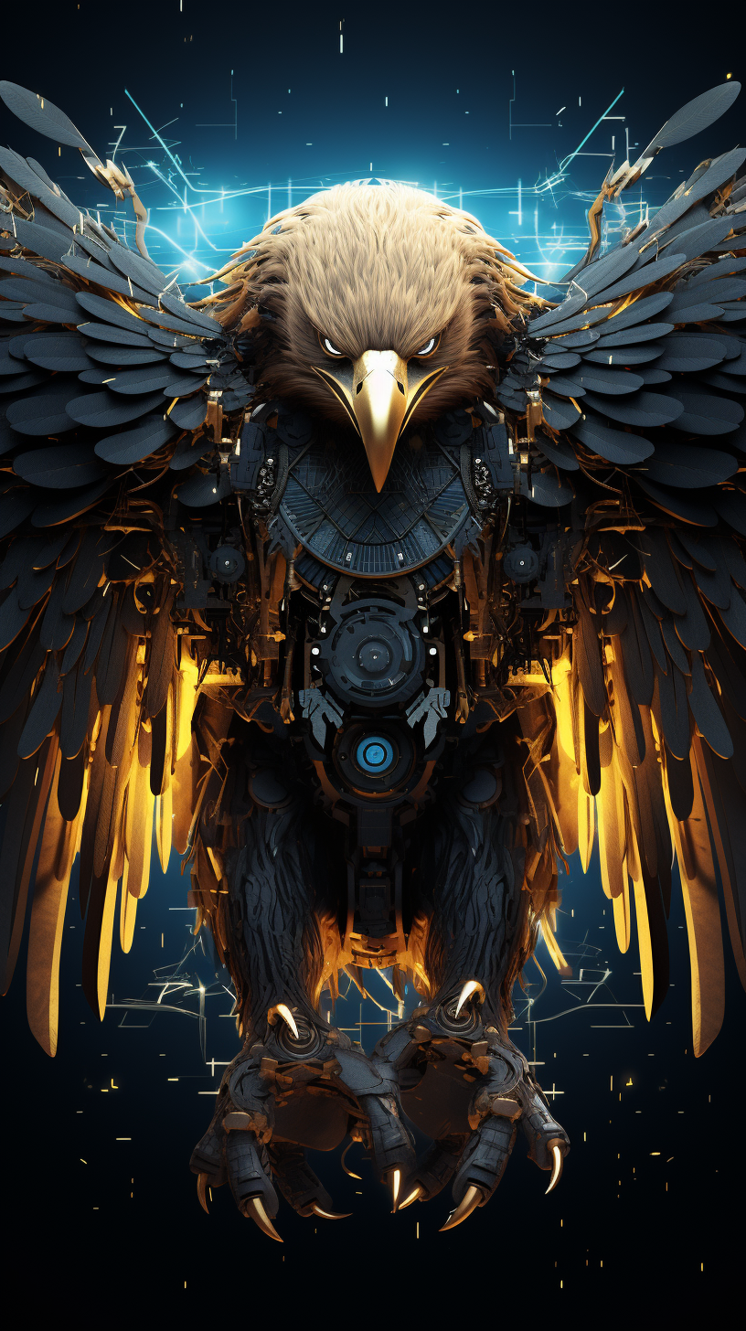 Fierce fantasy eagle with golden feathers and quantum chip