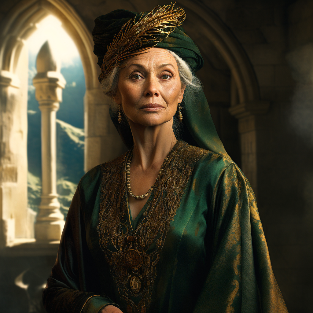 Elderly woman in gold hat and green dress