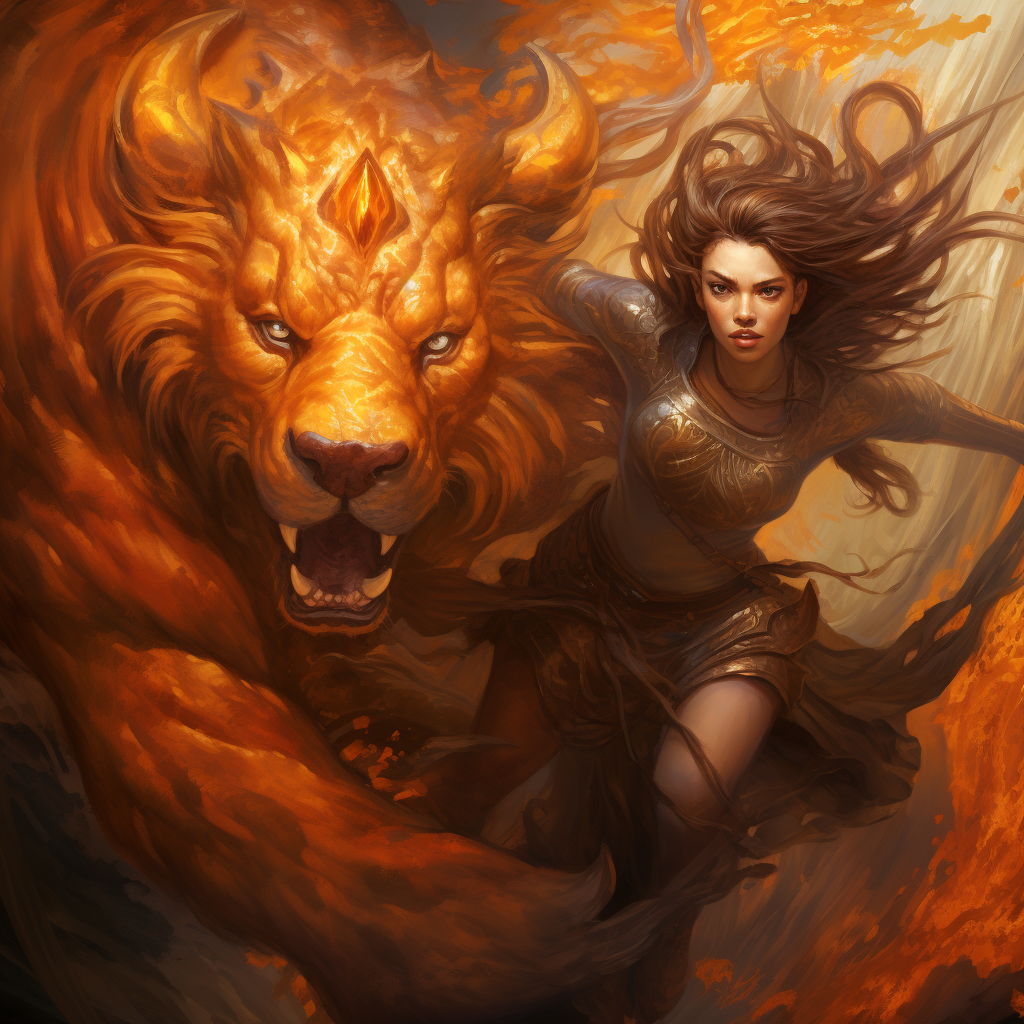 Goddess transforming into beast, dynamic angle, orange and brown highlights