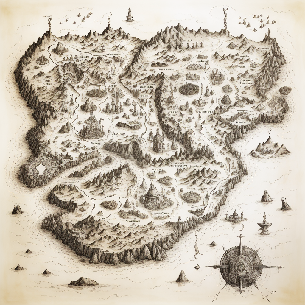 Black and white hand-inked fantasy map