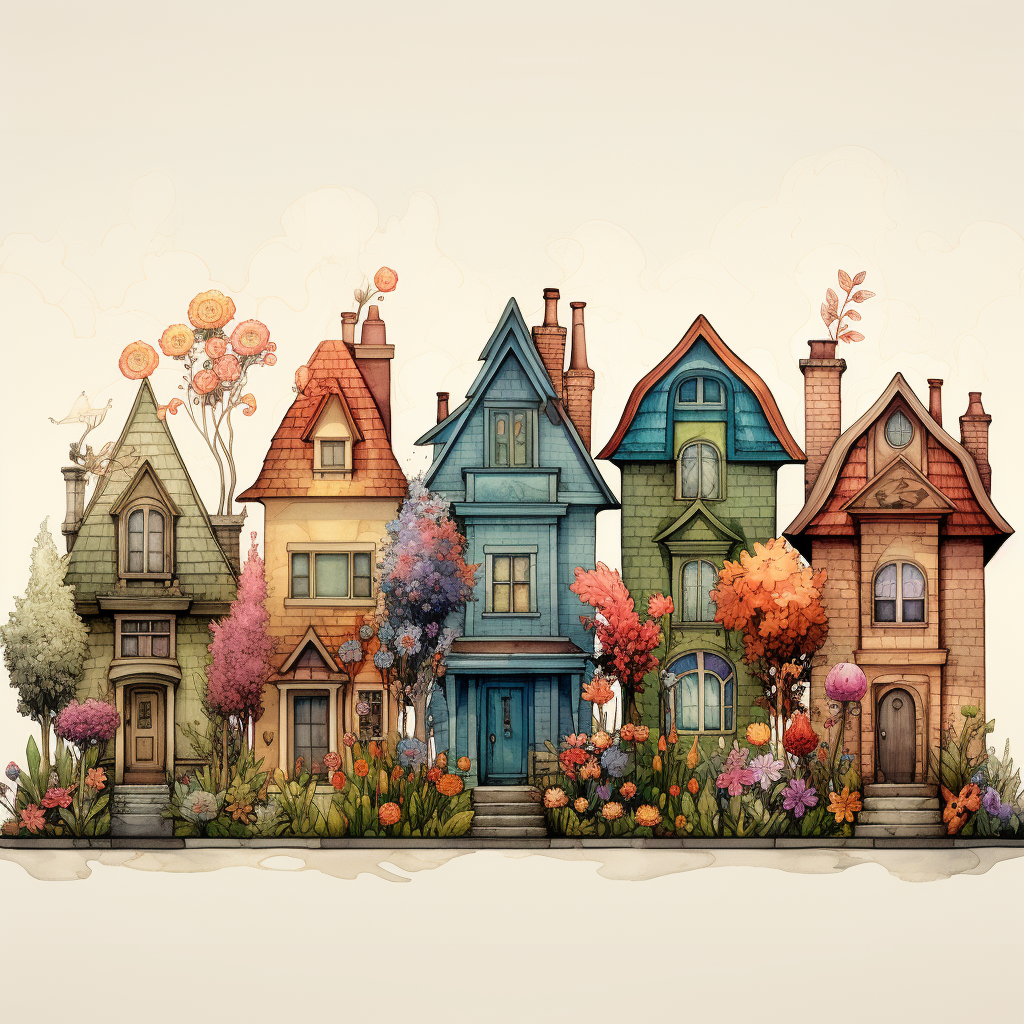 Row of Fantasy Houses with Flowers