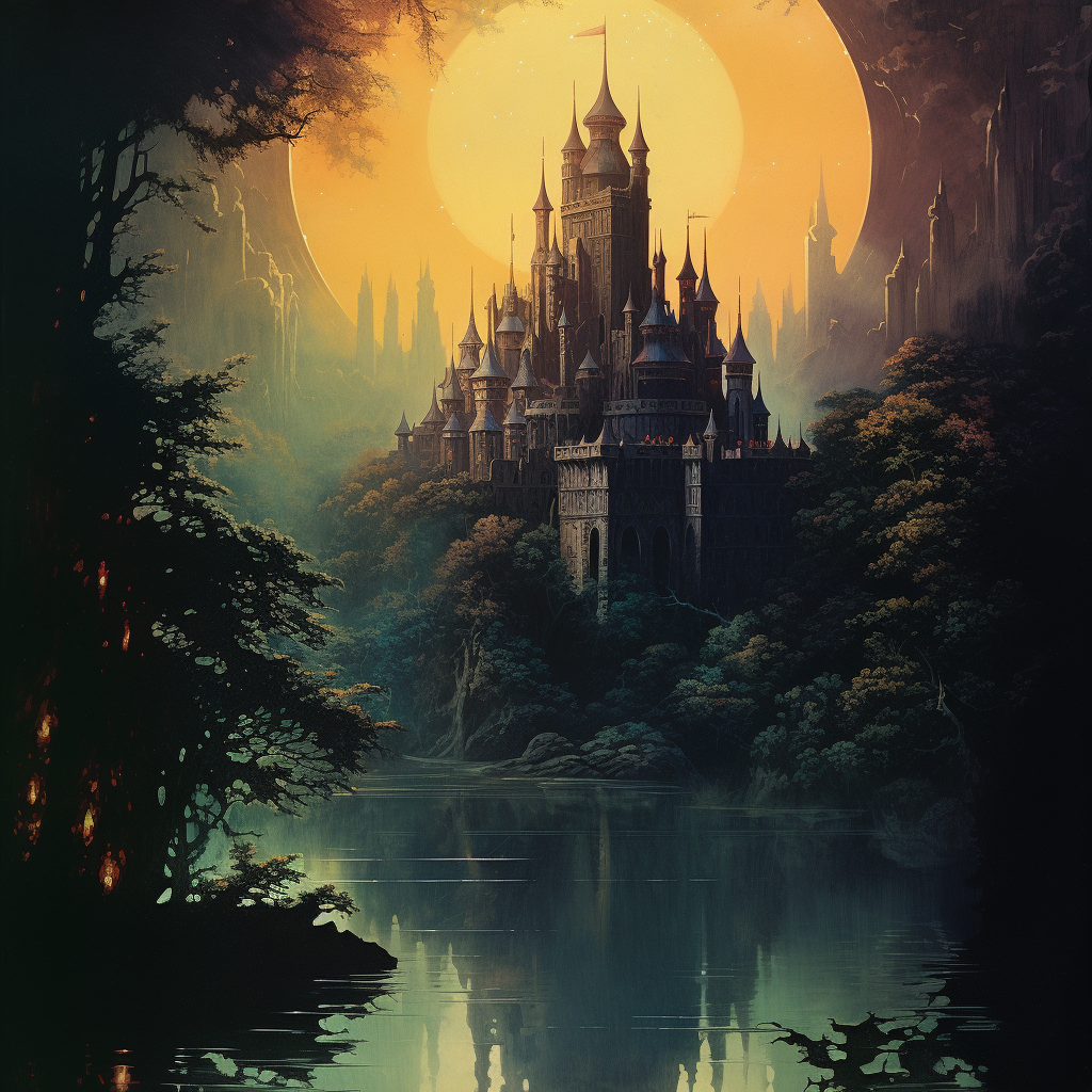 Dark fantasy book cover art showing floating island with warm castle and forest