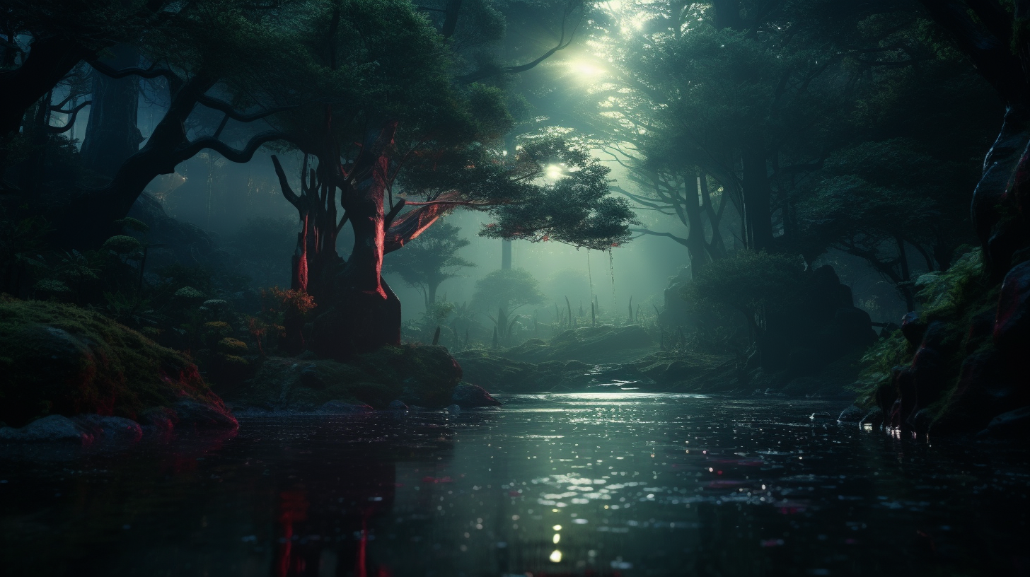 Serene Evening in Fantasy Japanese Forest