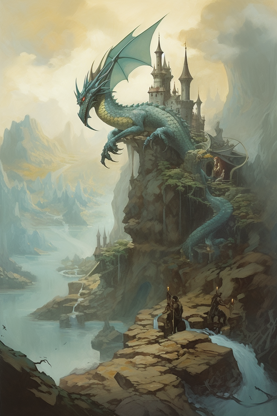 Image of a small baby blue dragon in a fantasy medieval painting