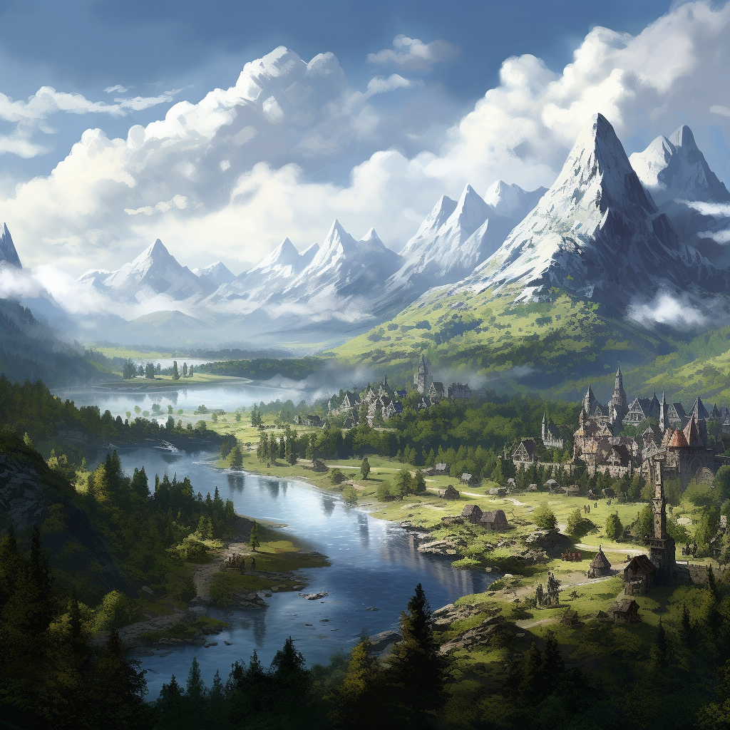 Fantasy Medieval Landscape with Mountains, Lakes, and Forests