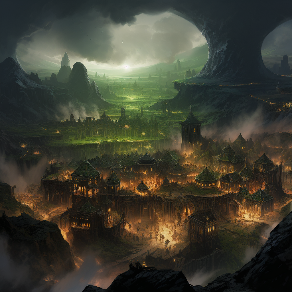 Burning buildings and demonic pillars in fantasy medieval town