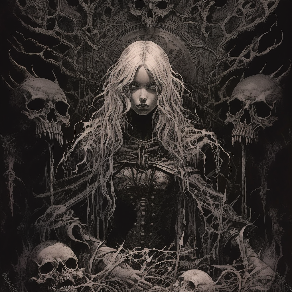 Dark fantasy art of a powerful necromancer woman