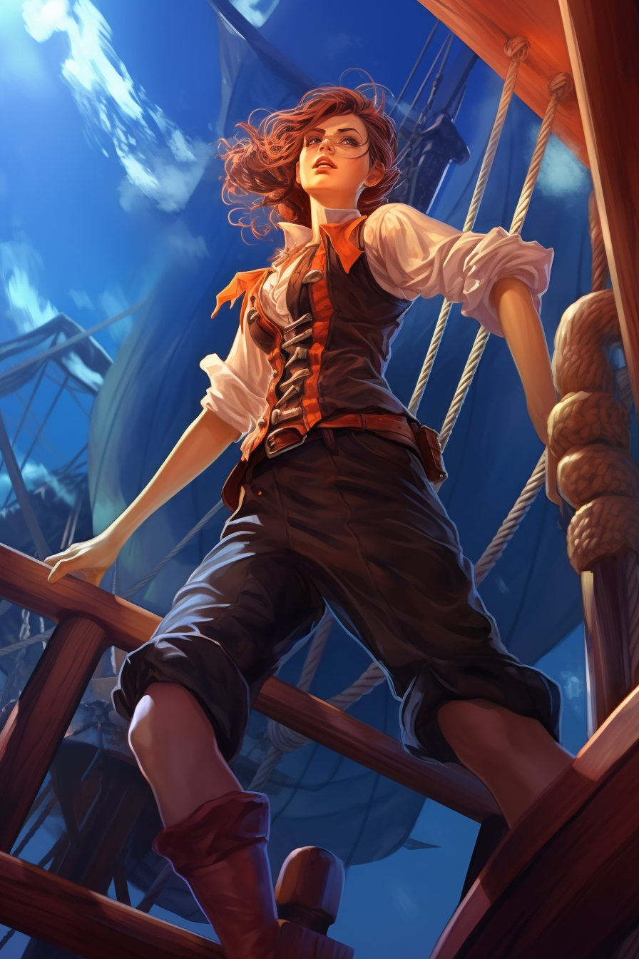 Fantasy pirate girl drying laundry on pirate ship