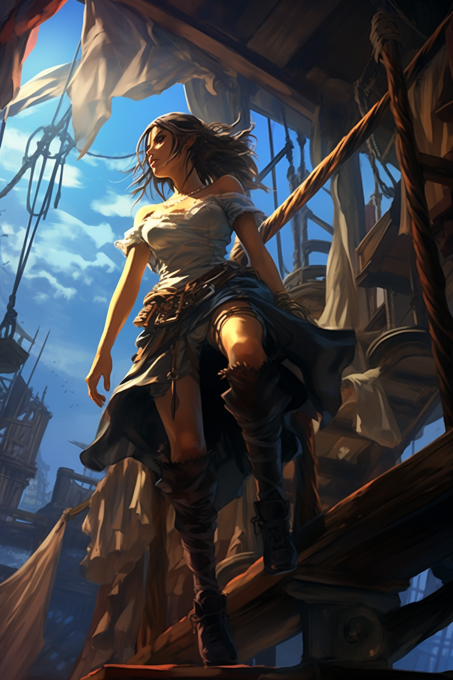 Anime girl drying laundry on pirate ship