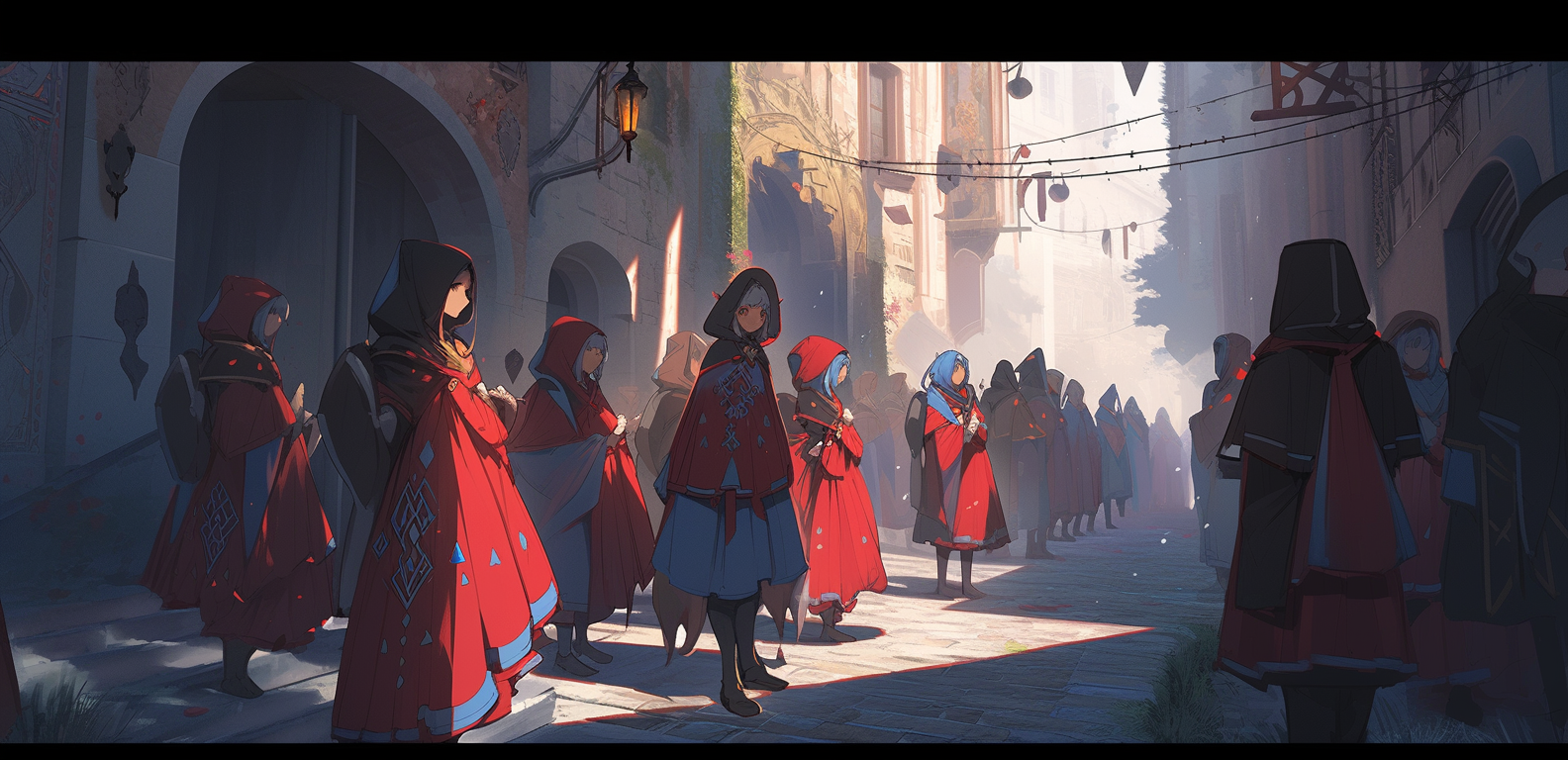 Group of people in fantasy street scene