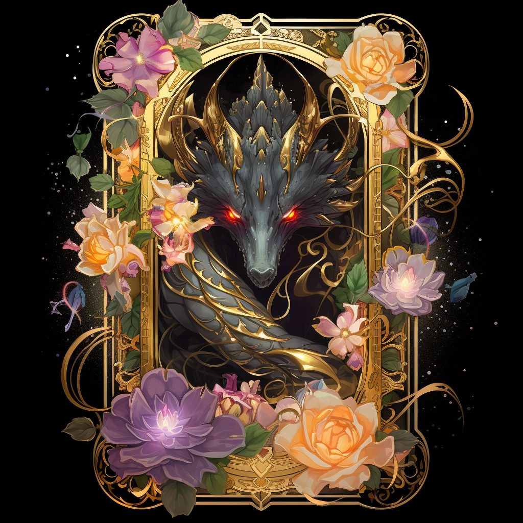 Fantasy Tarot with Black Dragon and Flowers