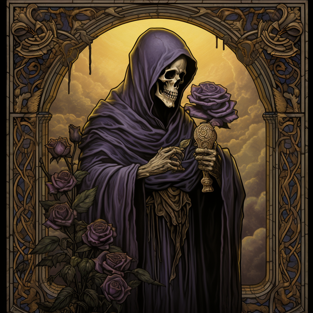 Grim Reaper holding purple rose