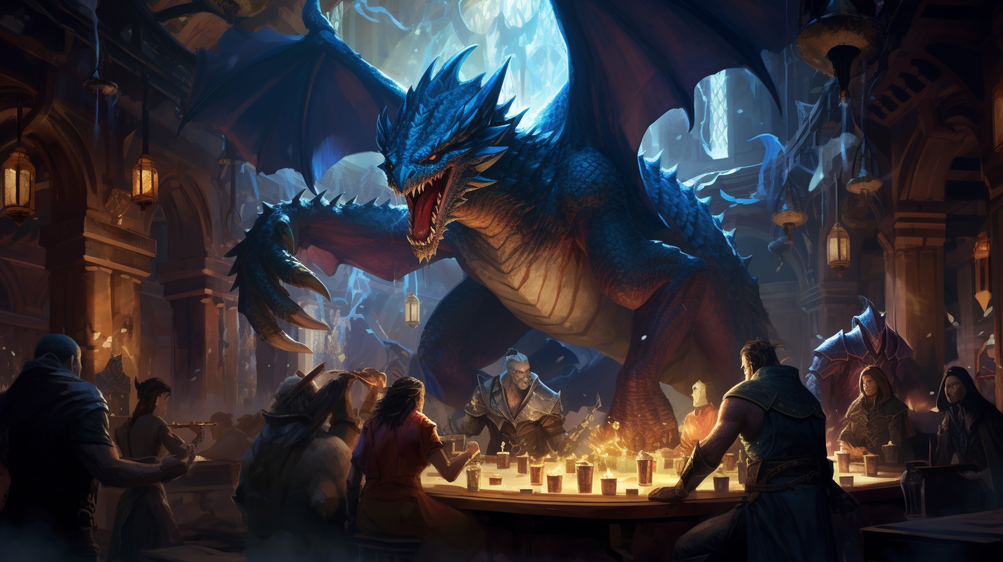 Illustration of Fantasy Tavern with Dragon Statue