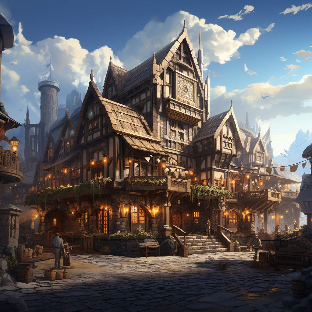 Exterior of fantasy tavern in bustling port town