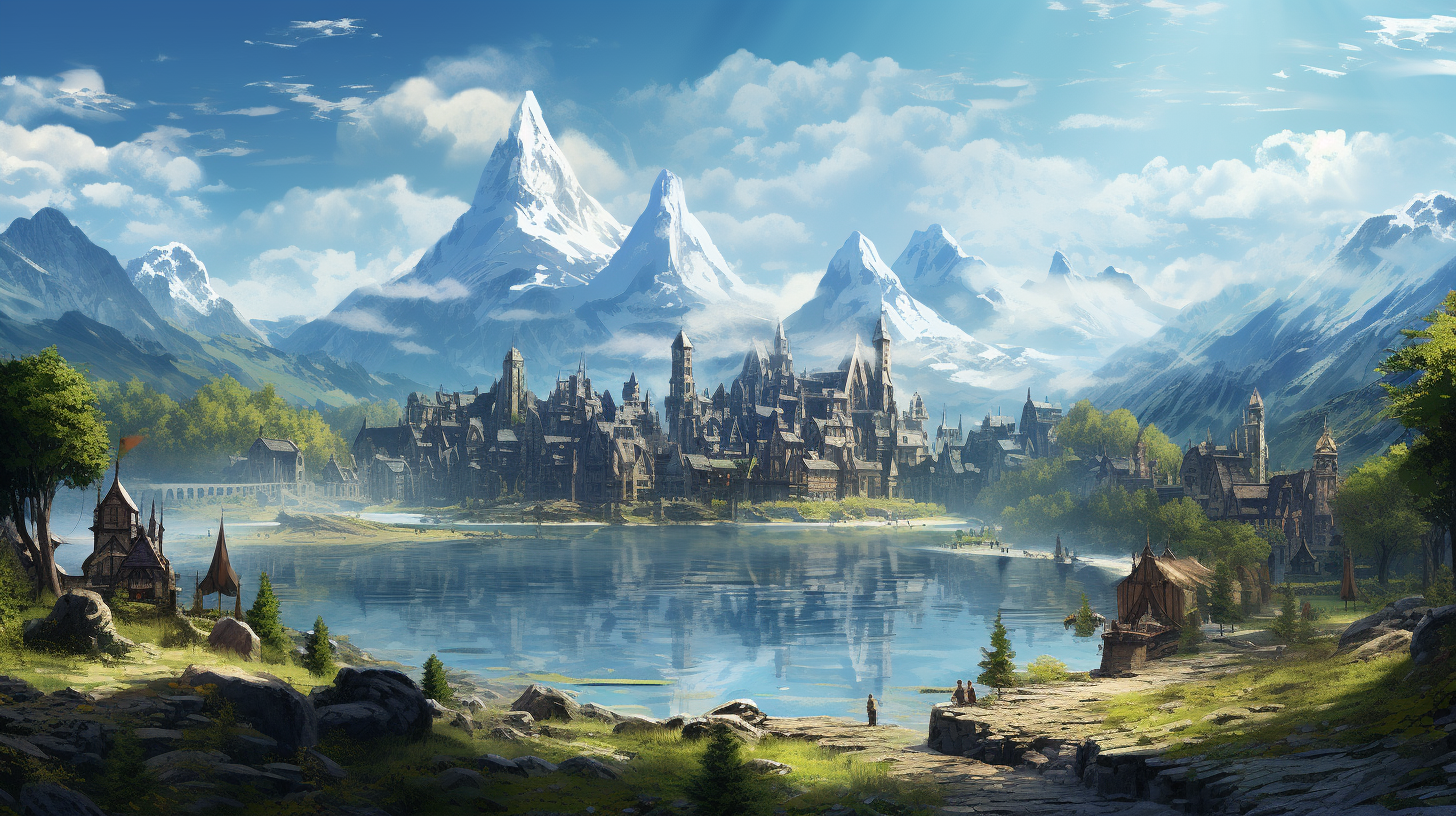 Scenic view of a fantasy town near a peaceful lake