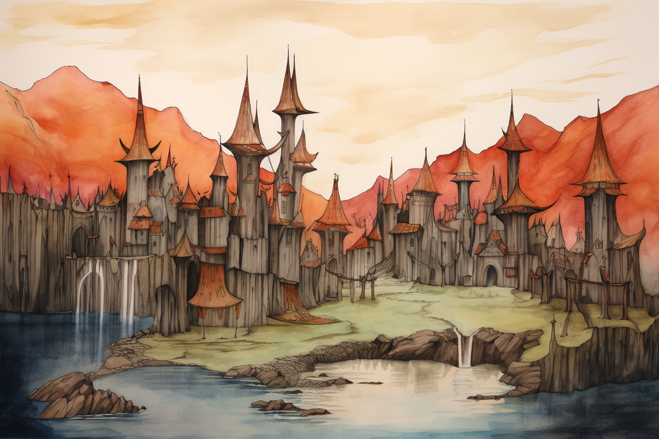 Fantasy town with wooden palisade and round stone towers by the river