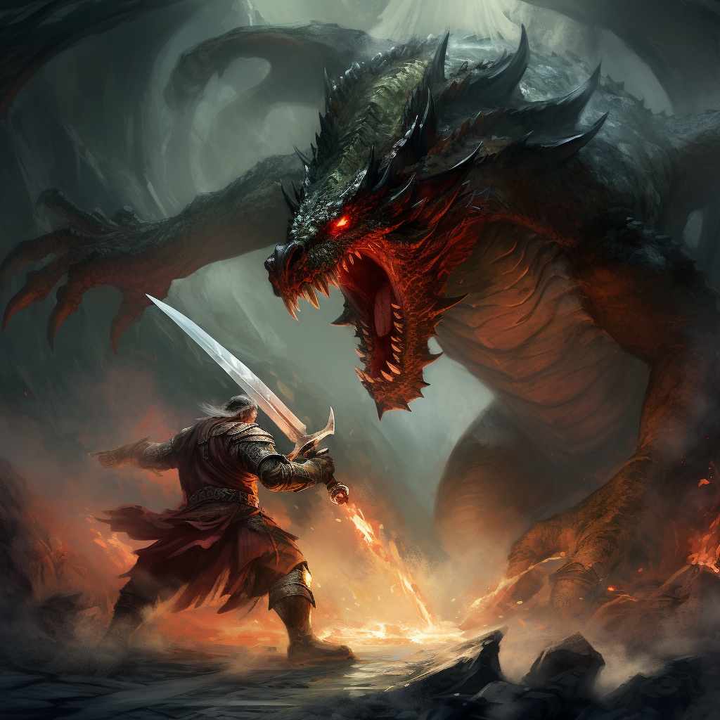 Warrior bravely fighting mighty dragon.