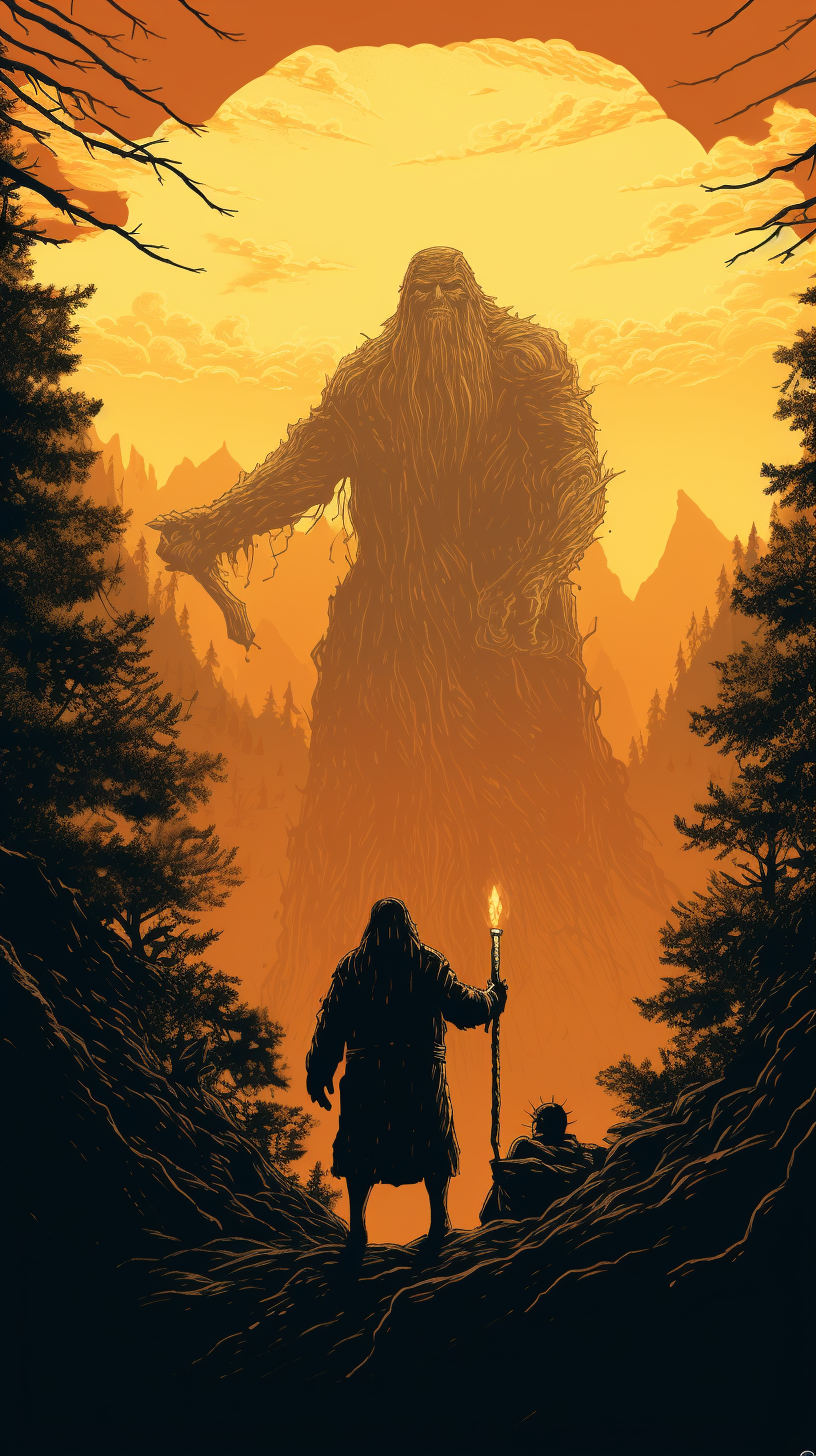 Happy wizard chatting with Bigfoot in fantasy illustration