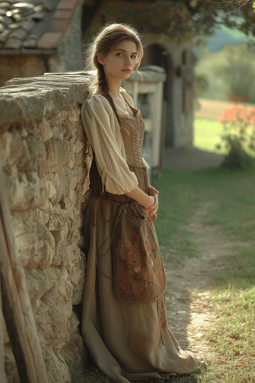 Fantasy-style woman leaning on stone fence