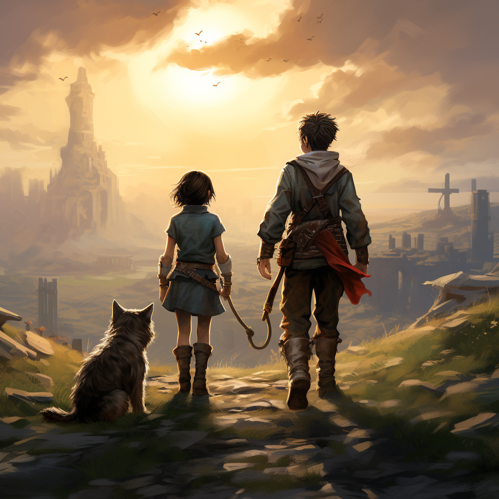 Two characters and dog walking into a fantasy world