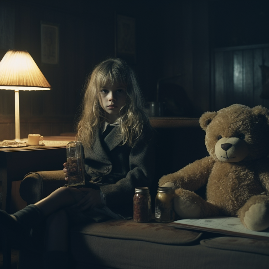 Small girl with teddy bear and cocktail glass