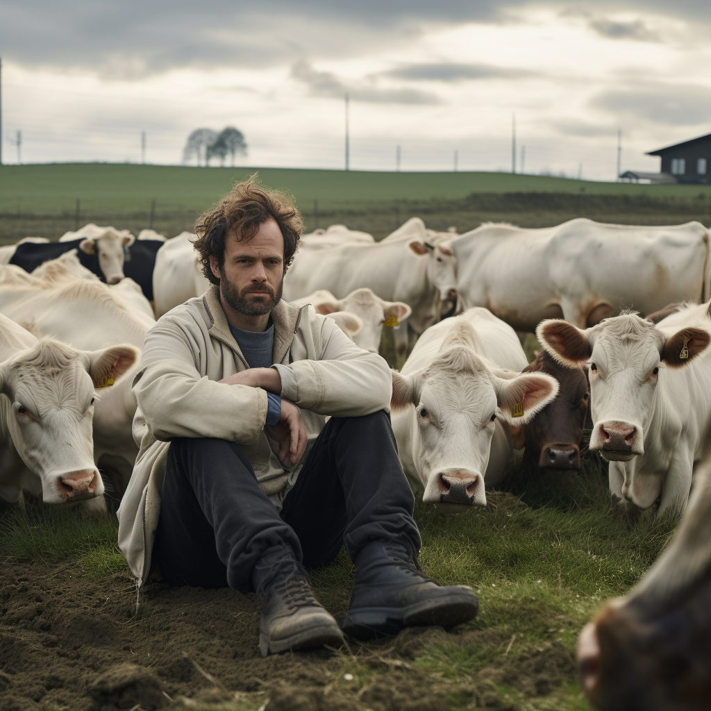 Human cattle on a farm with cowbells