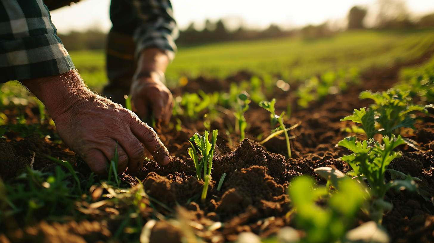 Farmer checking soil in green field