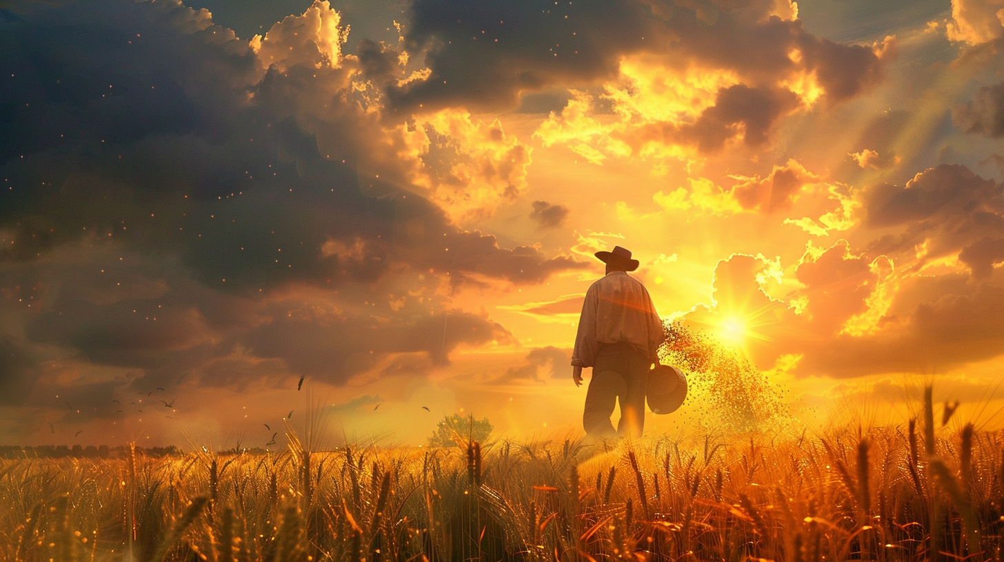 Farmer scattering seed at golden hour