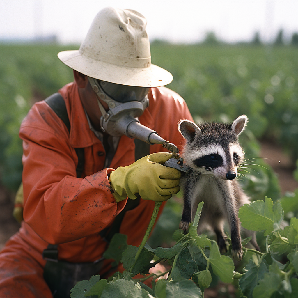 Farmer spraying pesticides at baby raccoon