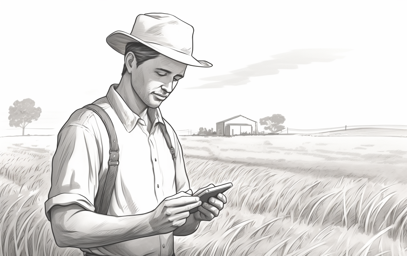 Pencil drawing of farmer in field using phone