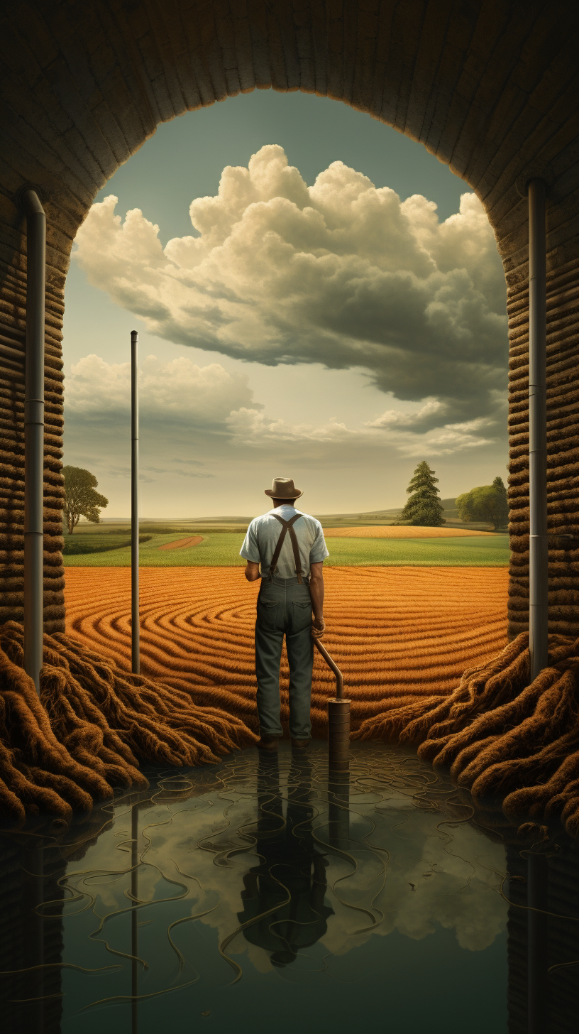 Farmer pondering next to a deep well