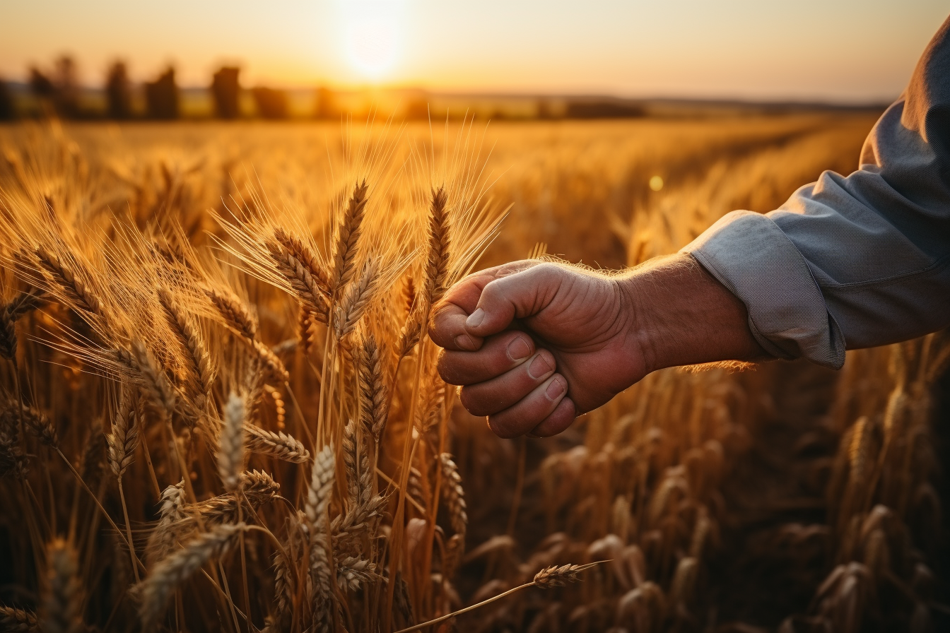 Two farmers shaking hands in wheat field at sunset