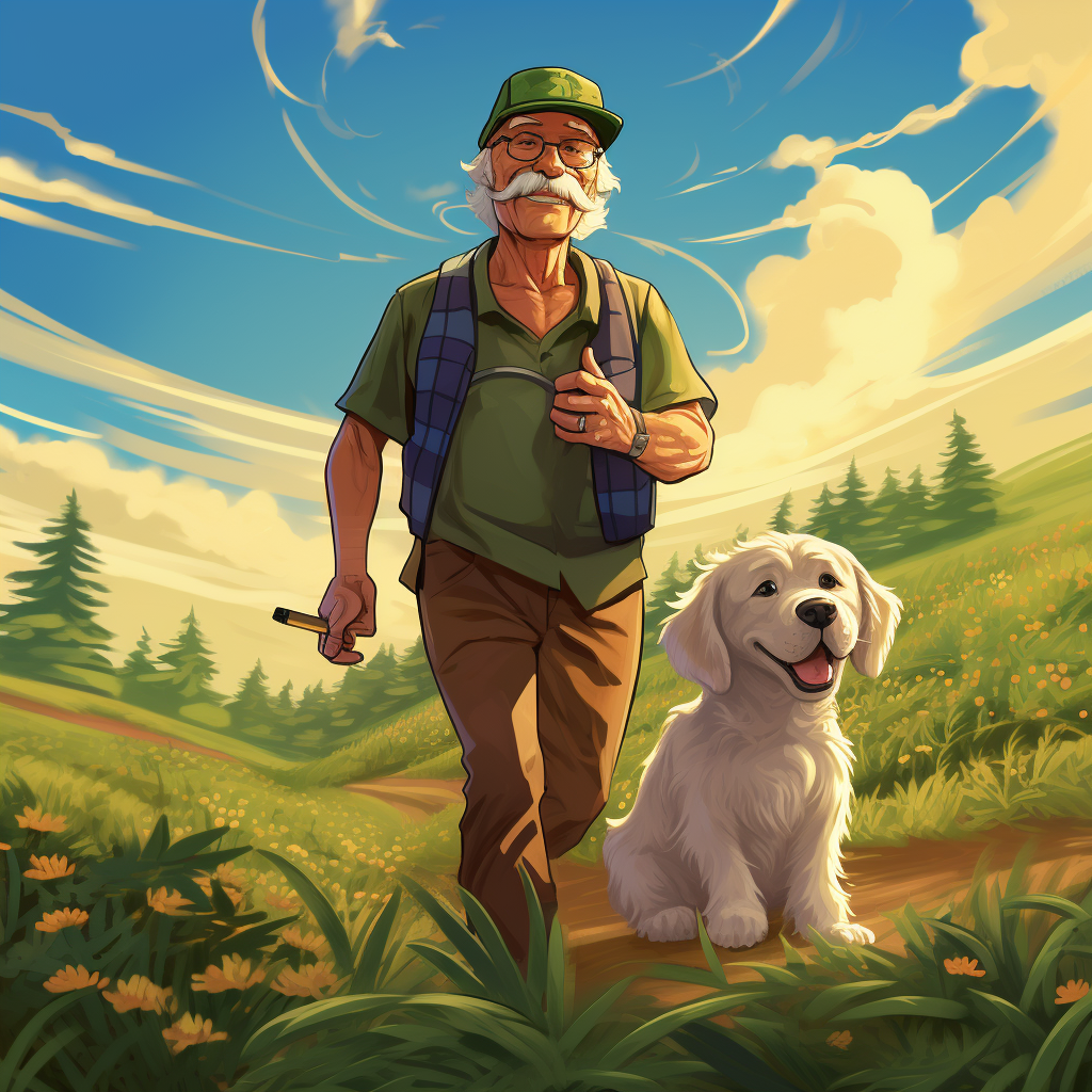 Old farmer walking with loyal golden retriever in cannabis field